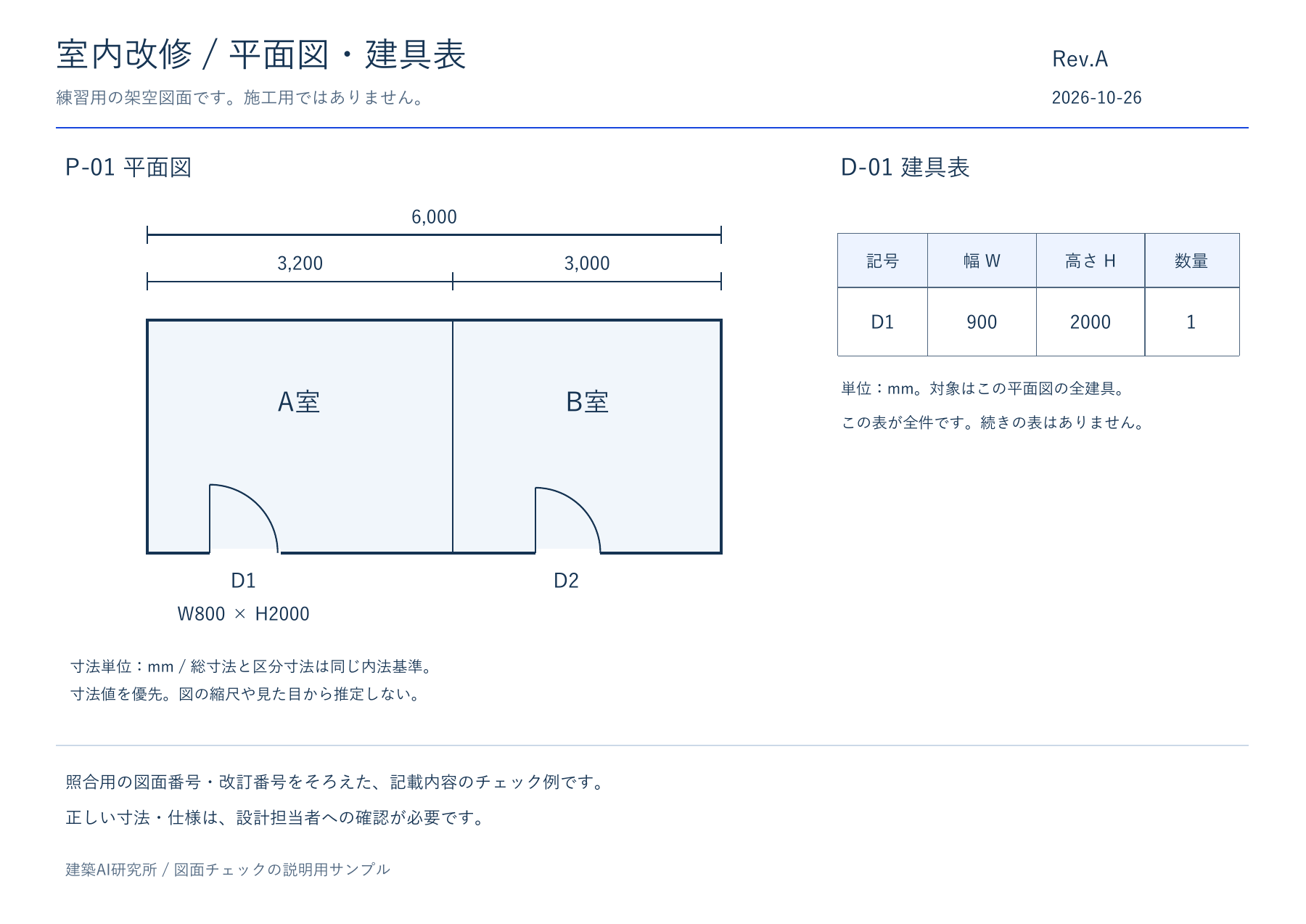 練習用の平面図と建具表。総寸法6000と区分3200・3000、平面図のD1幅800と建具表の幅900、平面図のD2に対する表の記載を照合する