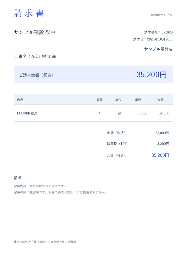 A邸の架空の請求書。税込35,200円