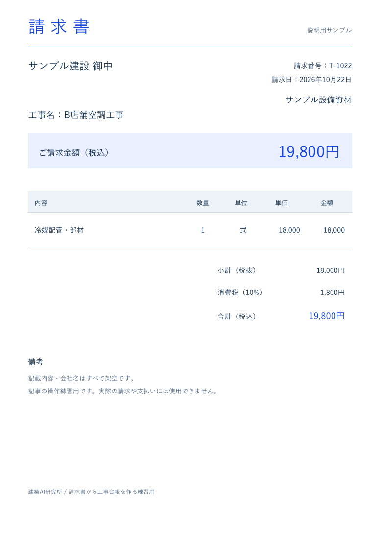 B店舗の架空の請求書。税込19,800円