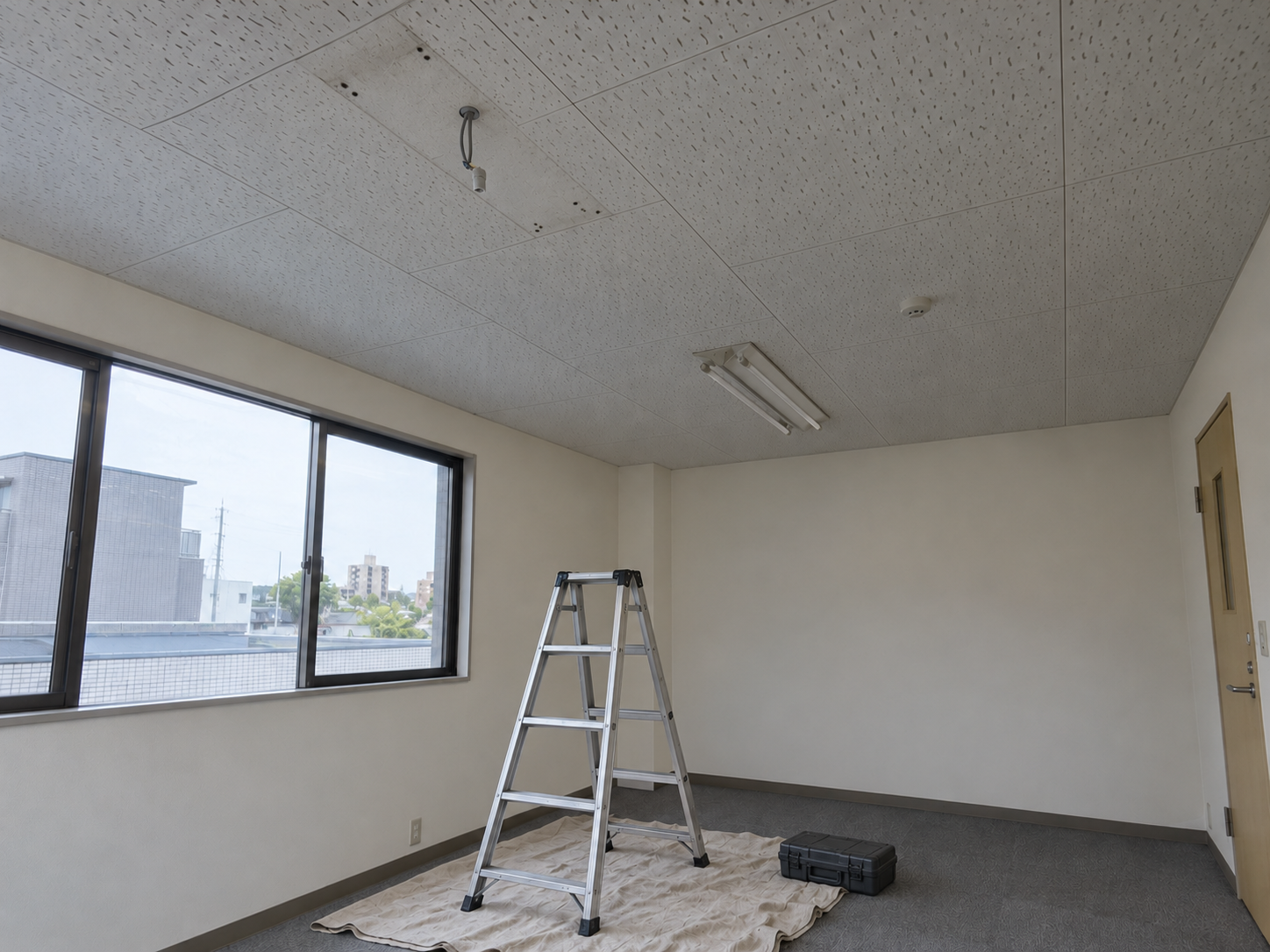 照明を外し、交換作業中。架空の事務所の照明交換を再現したAI生成画像